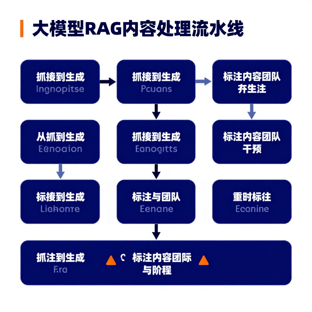 大模型RAG内容处理流水线拆解图，五阶段从抓取到生成标注内容团队干预节点，深蓝科技风格配橙色警示标记