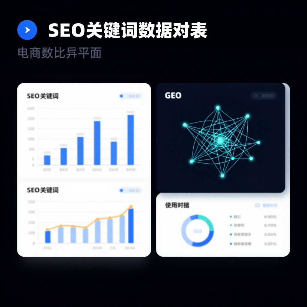 电商数据报表双屏对比界面，左侧SEO关键词排名柱状图右侧GEO语义网络关系图，深色科技风UI设计