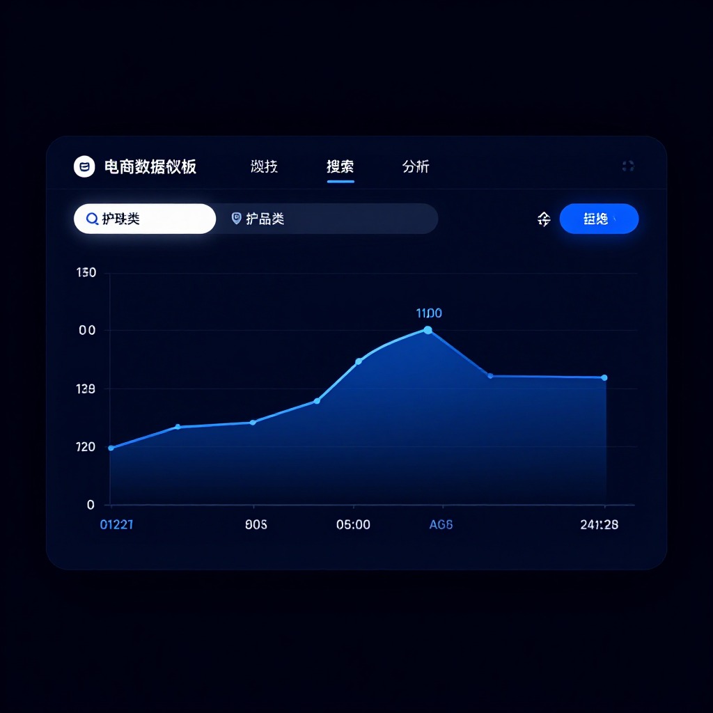 电商数据仪表盘界面，护肤品类搜索趋势曲线，蓝色科技感UI设计，深色背景