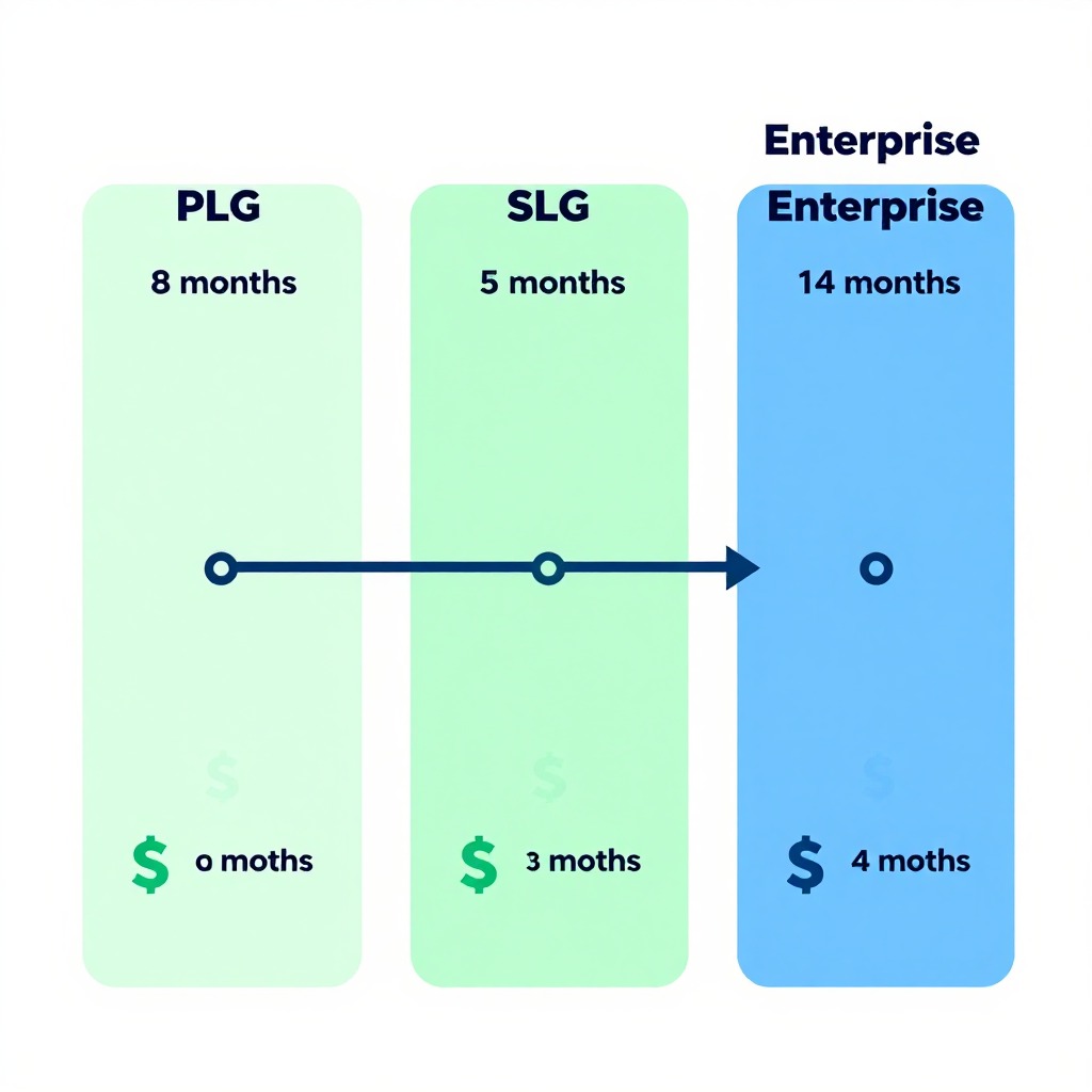 Three-case comparison timeline showing PLG (8 months), SLG (5 months), Enterprise (14 months) with dollar sign icons representing budget levels, clean flat design with pastel green and blue