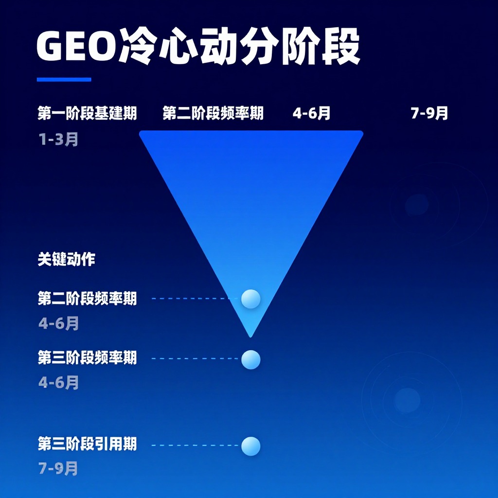 GEO冷启动分阶段时间轴漏斗图：第一阶段基建期（1-3月）到第二阶段频率期（4-6月）到第三阶段引用期（7-9月），各阶段标注关键动作与AI推荐位变化，科技蓝渐变底色，信息图风格