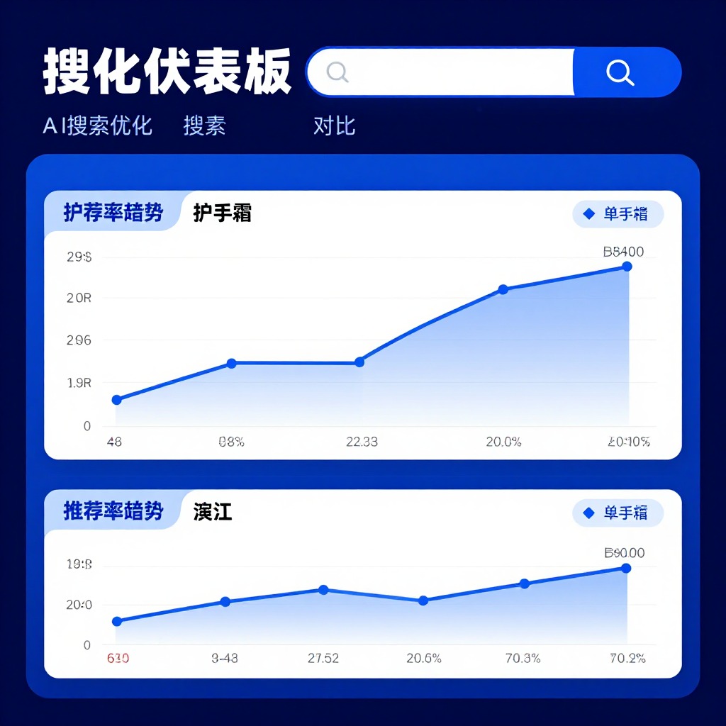 AI搜索优化报表仪表板，显示品牌在护手霜品类中的推荐率趋势与竞品对比，蓝色科技感信息图风格