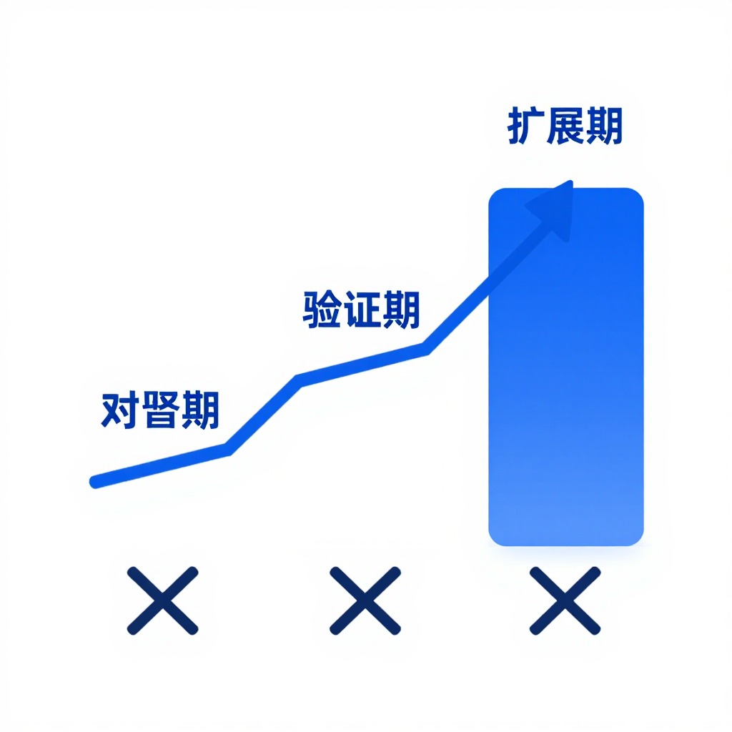 一张清晰的图表,展示一个分为三阶段的上升阶梯模型,分别标注