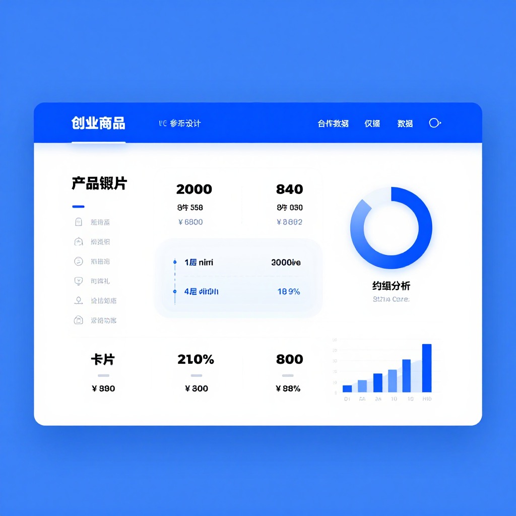 创业服务官网界面设计稿，左侧参数化产品卡片，右侧数据仪表盘，蓝白配色，UI/UX展示风格