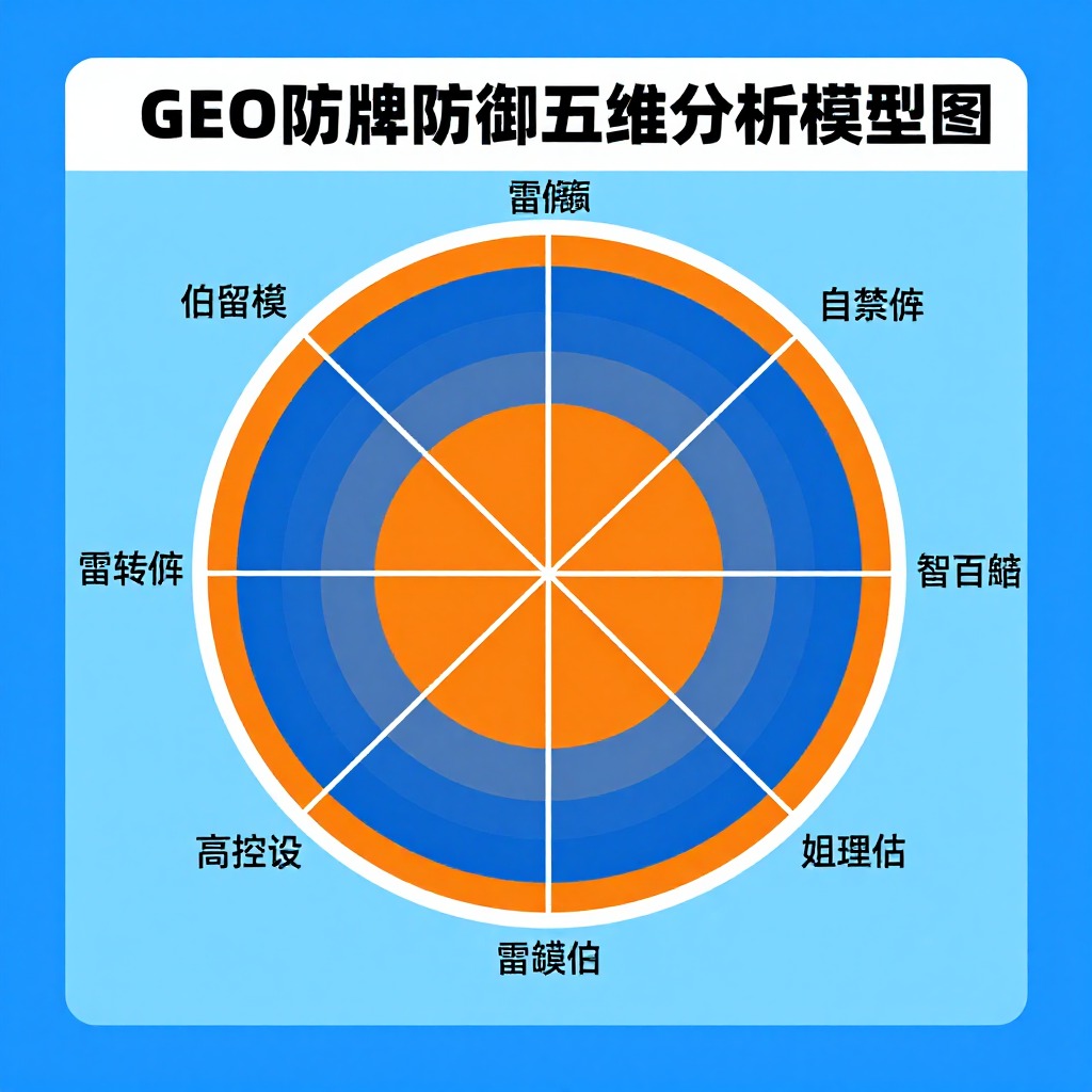 电商品牌GEO防御五维分析模型图, 雷达图信息可视化, 蓝橙对比色扁平插画风格