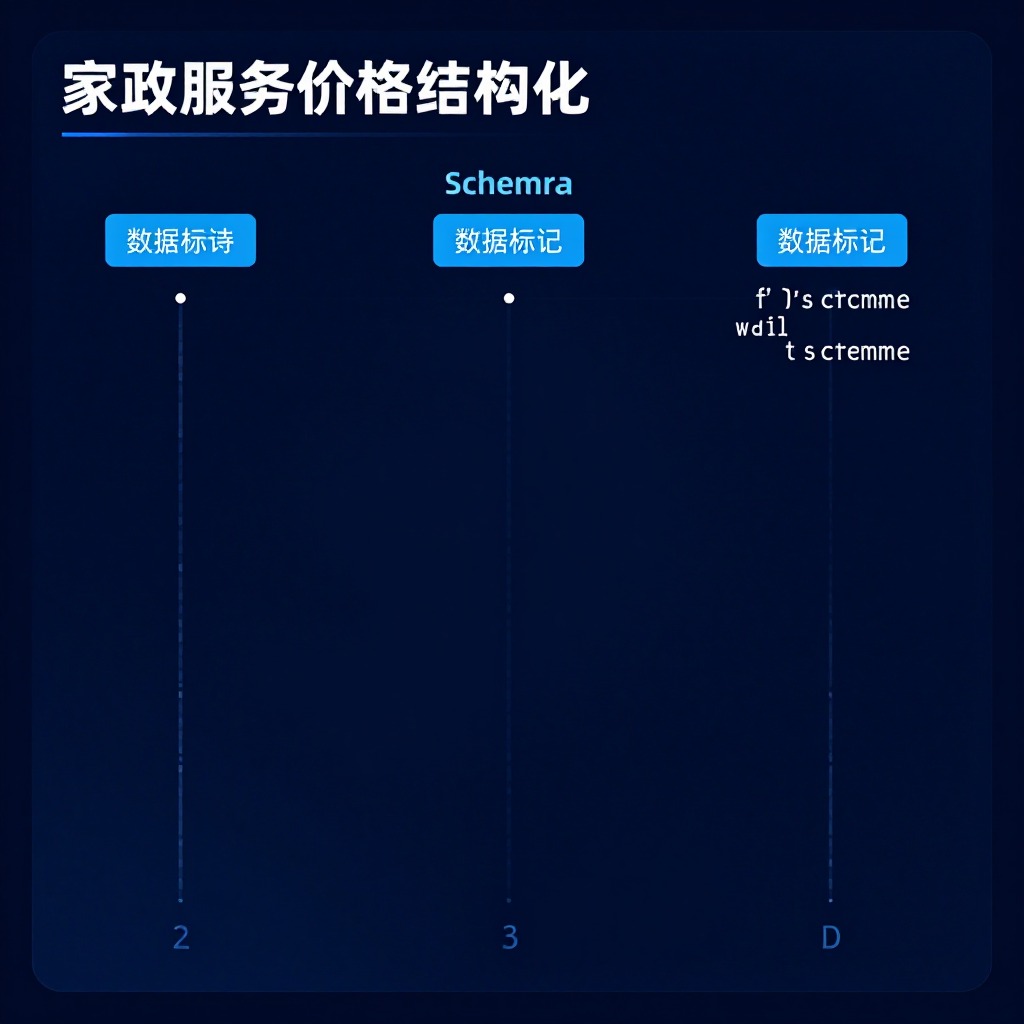 家政服务价格结构化数据标记示意图，Schema代码高亮显示，科技蓝界面风格