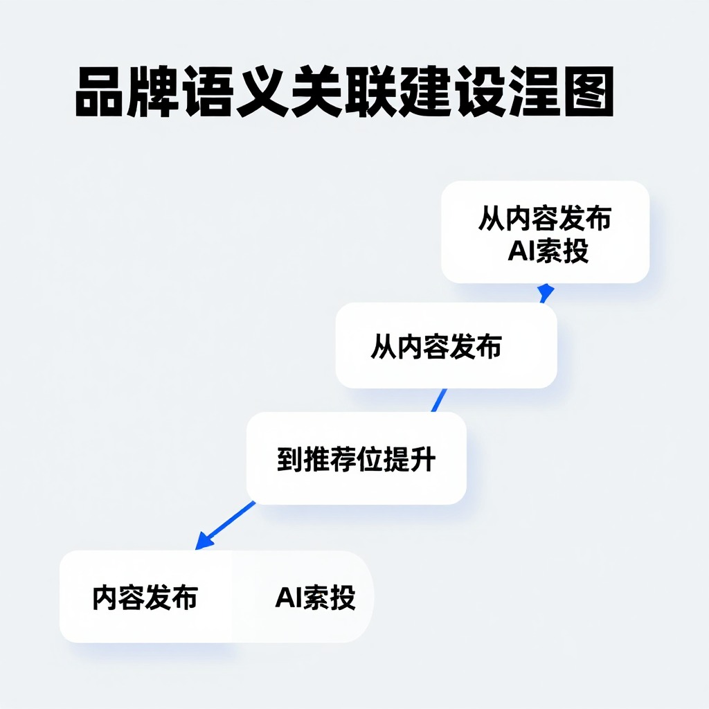 品牌语义关联建设流程图, 从内容发布到AI索引到推荐位提升, 四阶段阶梯式信息图, 浅灰背景商务风格