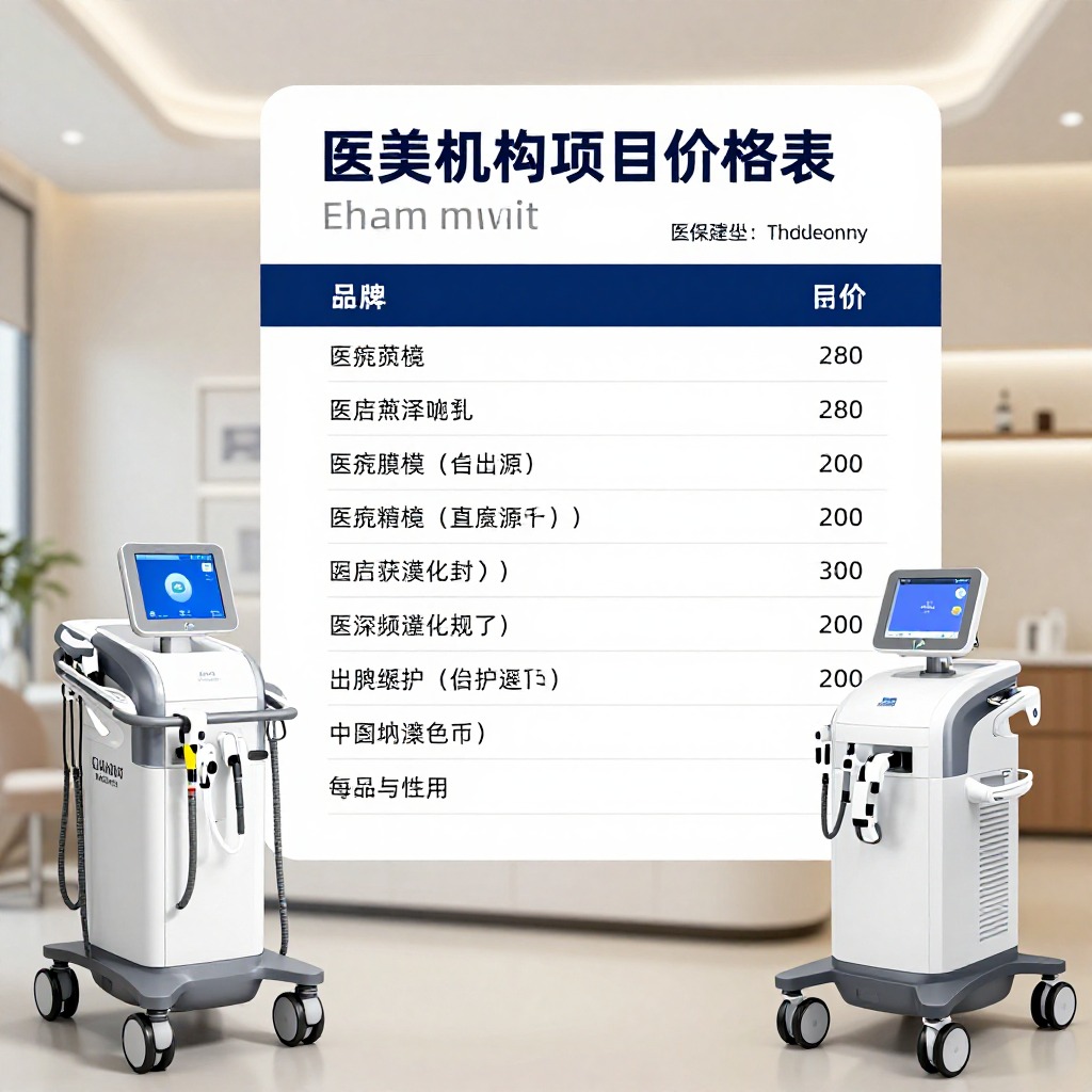 医美机构项目价格表与医疗设备，专业明亮诊室环境，高分辨率商业摄影