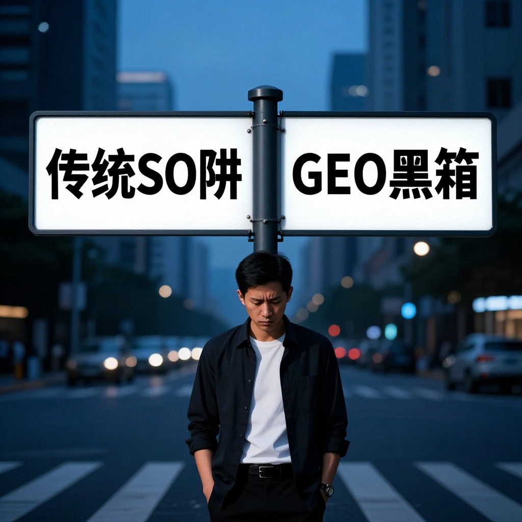 一位表情凝重的本地生活企业主站在十字路口，面前是两块巨大的指示牌，一块写着“传统SEO陷阱”，另一块写着“GEO黑箱”，背景是模糊的城市夜景，写实摄影风格，冷蓝色调。