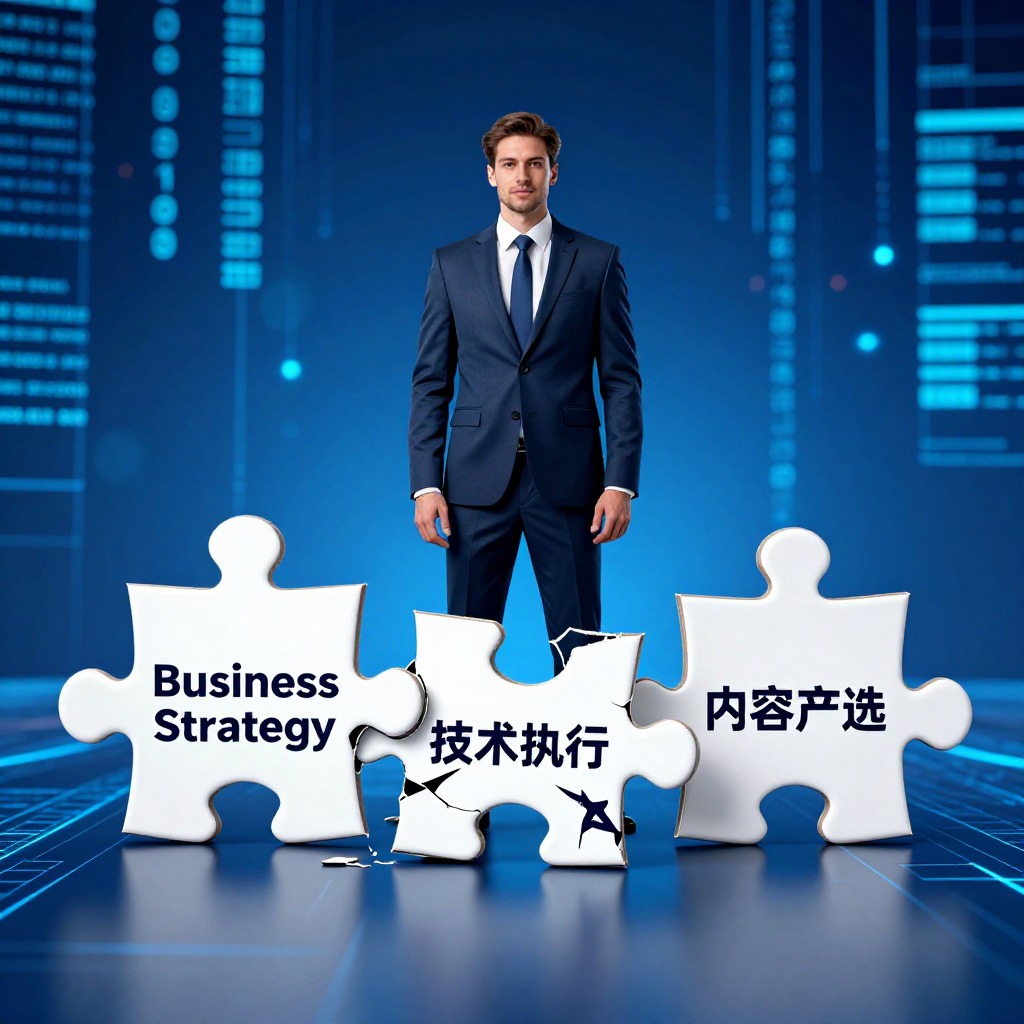 一位西装革履的客户成功经理站在三块碎裂的拼图中间，拼图分别写着商业战略、技术执行、内容产出，背景是AI数据流，写实摄影风格，冷蓝色调。