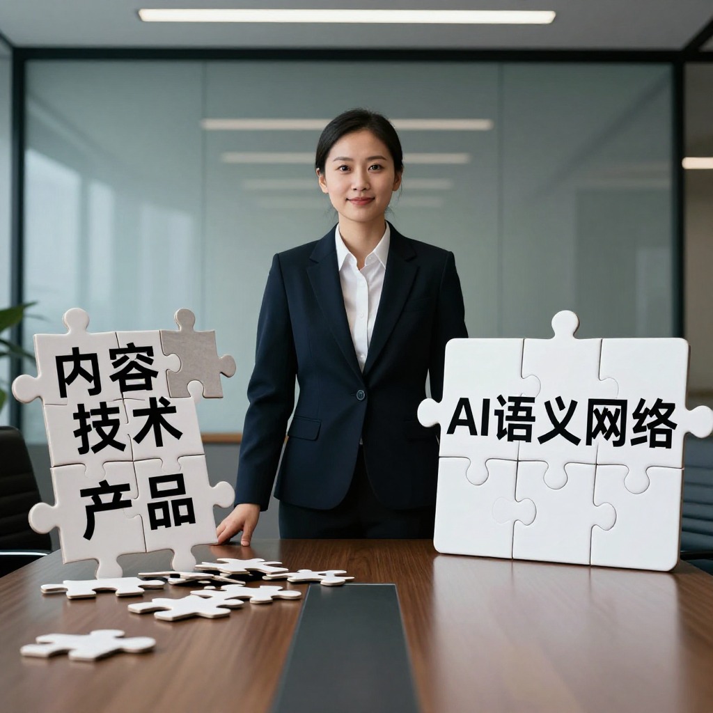 一位专属客户成功经理站在会议桌中央，左手边是混乱拼图碎片写着“内容”“技术”“产品”，右手边是完整拼图呈现“AI语义网络”，冷色调写实摄影，商业会议室背景
